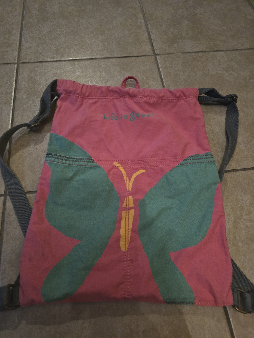 Pink Drawstring Backpack with Teal Butterfly Print